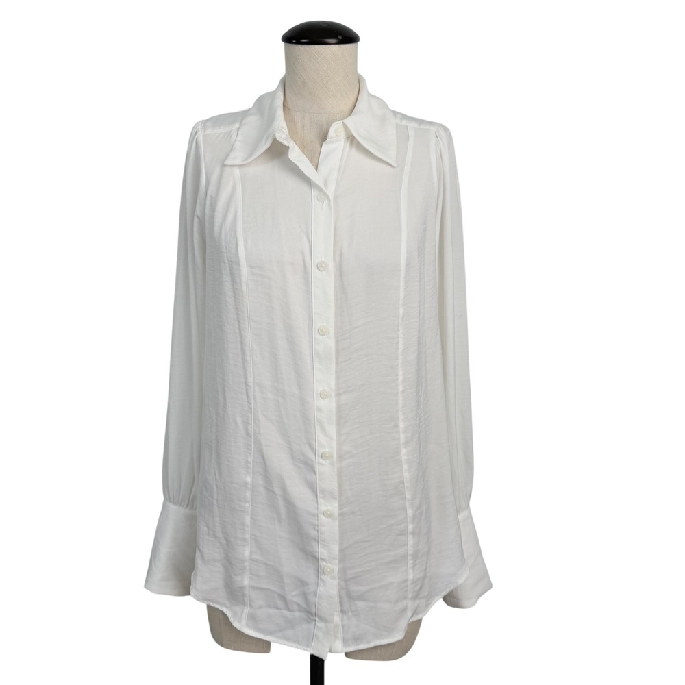 Free People White Silky Long Sleeve Button Down Blouse Textured Seam Detail XS - Picture 1 of 9